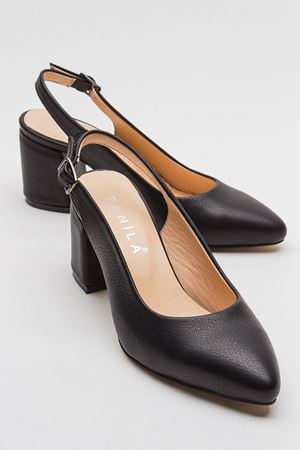 HAKİKİ DERİ SİYAH ARKASI AÇIK ALÇAK TOPUKLU STİLETTO