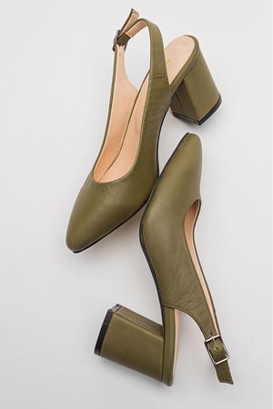 HAKİKİ DERİ YEŞİL ARKASI AÇIK ALÇAK TOPUKLU STİLETTO  