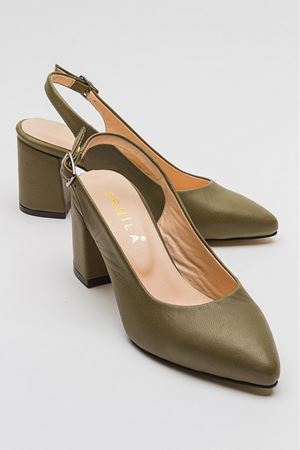 HAKİKİ DERİ YEŞİL ARKASI AÇIK ALÇAK TOPUKLU STİLETTO  