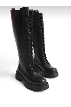 MOORE Hakiki Deri Bağcıklı Fermuarlı Siyah Çizme