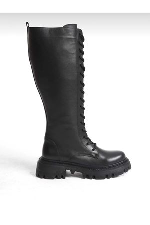 MOORE Hakiki Deri Bağcıklı Fermuarlı Siyah Çizme