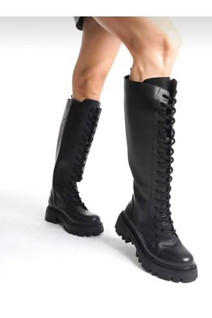 MOORE Hakiki Deri Bağcıklı Fermuarlı Siyah Çizme