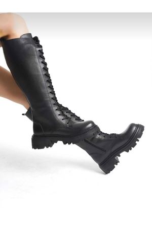 MOORE Hakiki Deri Bağcıklı Fermuarlı Siyah Çizme